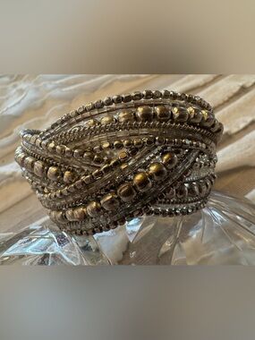 Vintage Silver Cuff Bracelet Flexible Beaded Multi Strands Criss Cross Boho 7-8”